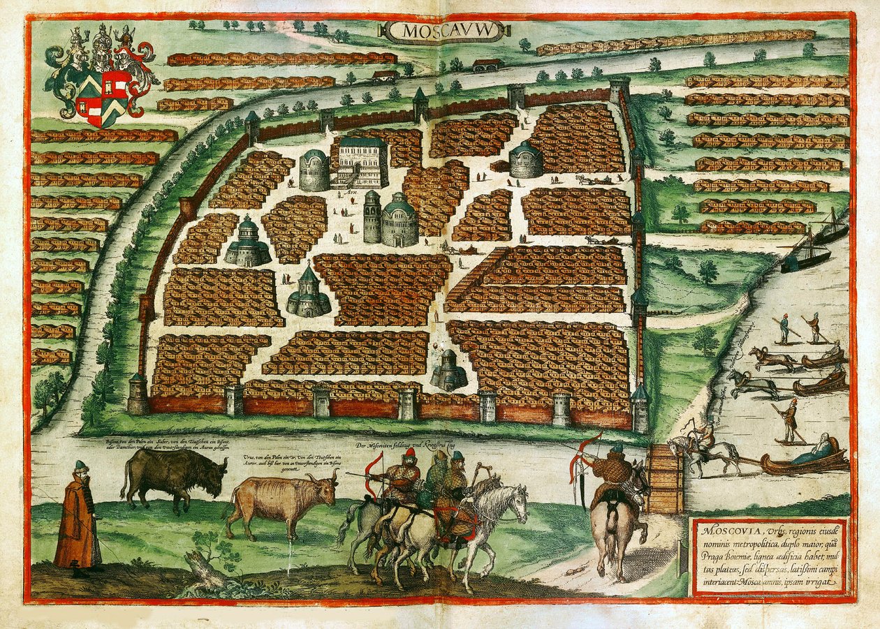 Kort over Moskva (Rusland) - Værk af Frans Hogenberg (1535-1590), gravering og akvarel udtrukket fra Civitates orbis terrarium af Franz Hogenberg