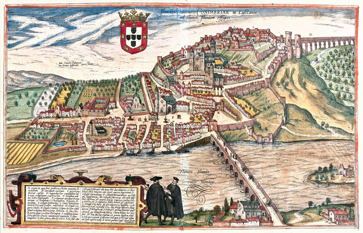 Coimbra, Portugal. De to akademikere set i lærde diskussioner i forgrunden giver yderligere visuel reference til universitetet (gravering af Franz Hogenberg