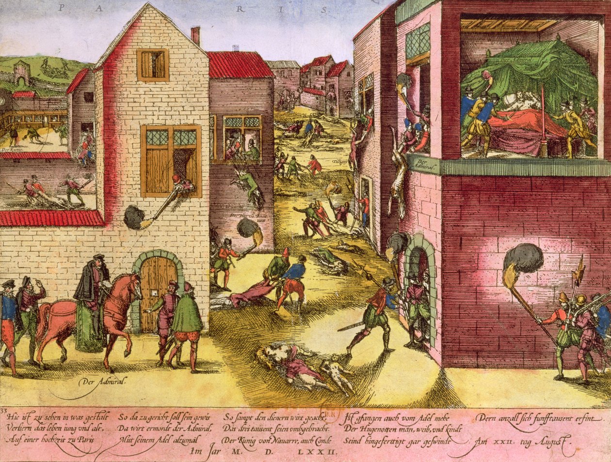Admiral Gaspard II de Colignys død (1519-72) på tidspunktet for Skt. Bartholomews massakren i 1572 (se 158612 for bw) af Franz Hogenberg