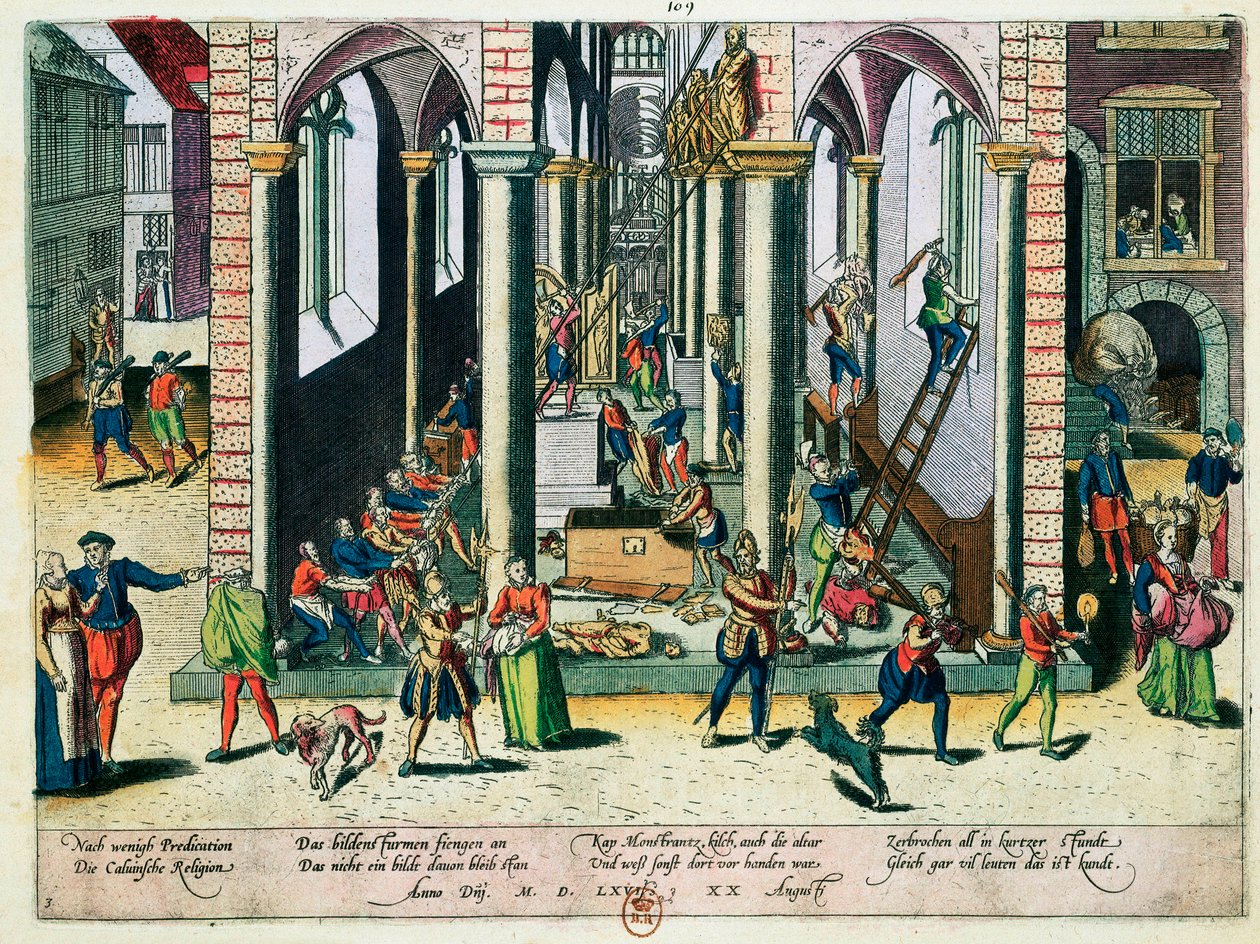 Ødelæggelse af relikvier og statuer i kirker, april 1566 (farvegravering) af Franz Hogenberg