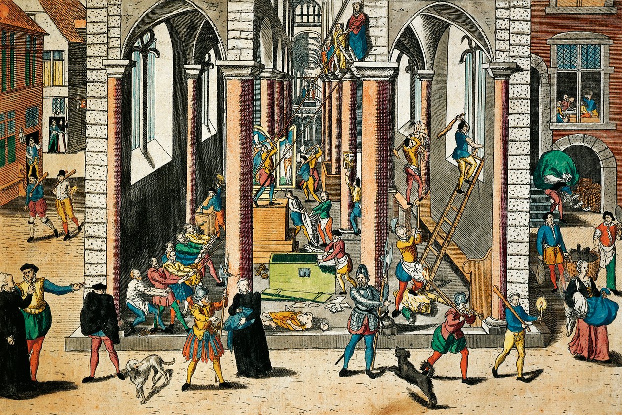 Ødelæggelse af relikvier og statuer i kirker, april 1566, gravering af Franz Hogenberg (1535 - 1590), Religionskrige, Frankrig af Franz Hogenberg