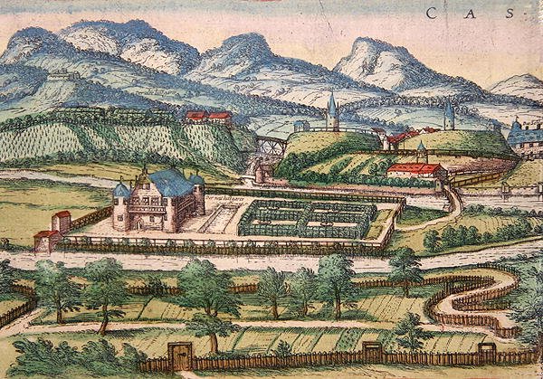 Udsnit af en udsigt over Kassel, fra "Civitates orbis terrarum", redigeret af Georg Braun (farvestik) af Franz Hogenberg
