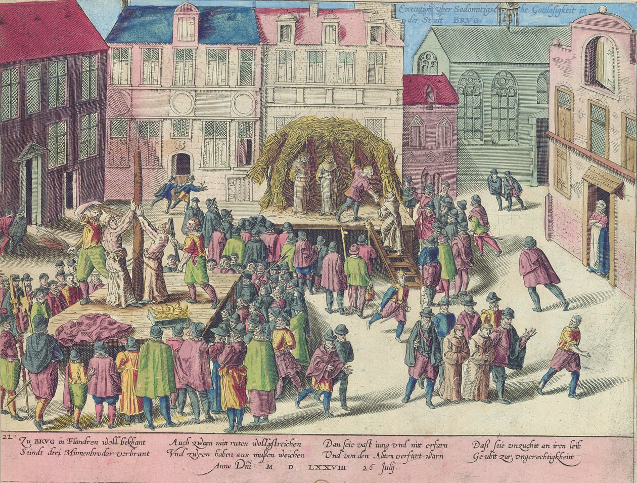 Henrettelse i Brugge ved afbrænding af tre munke for sodomi, 28. juni, 1578 af Franz Hogenberg