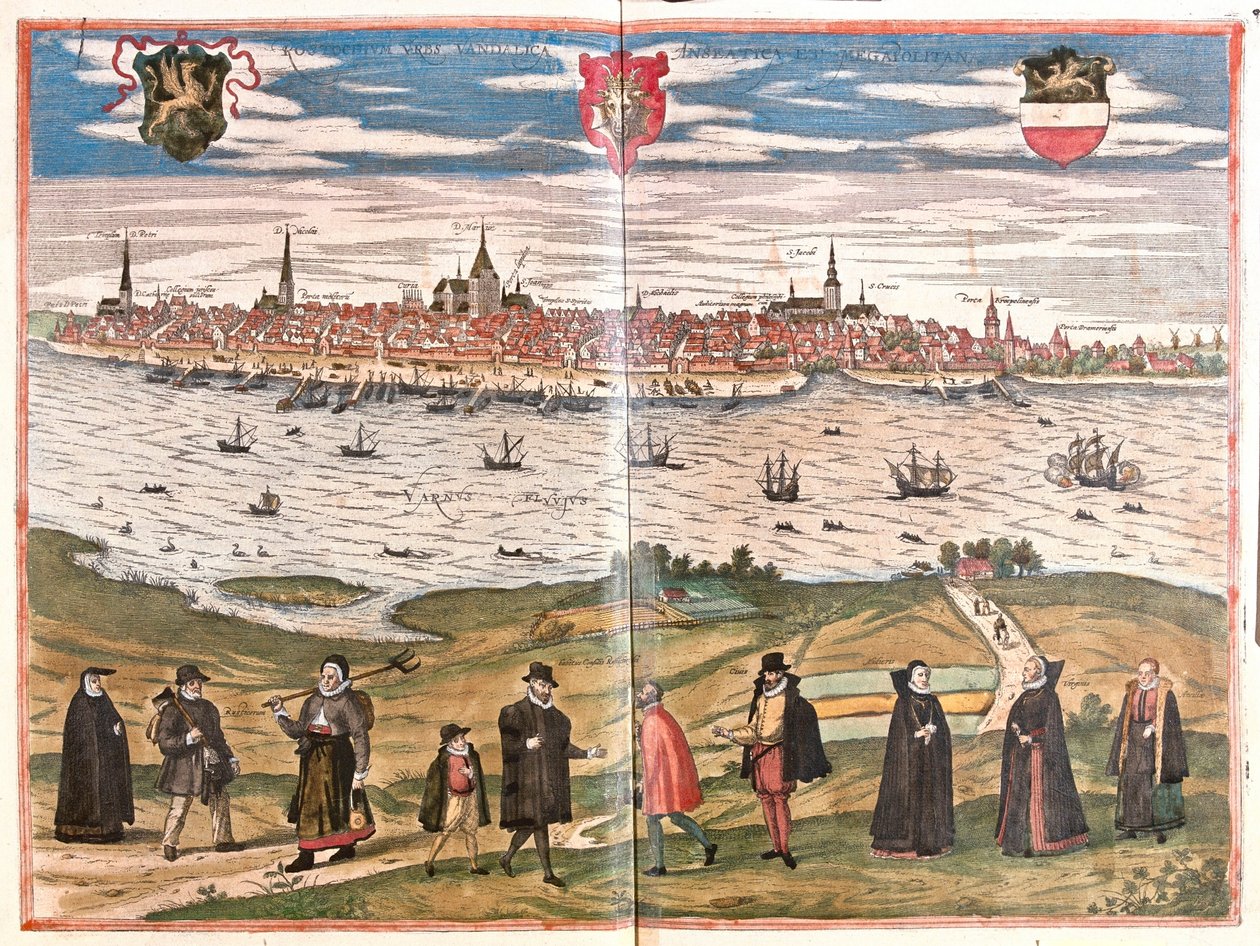 Generelt billede af Rostock, Tyskland (gravering af Franz Hogenberg