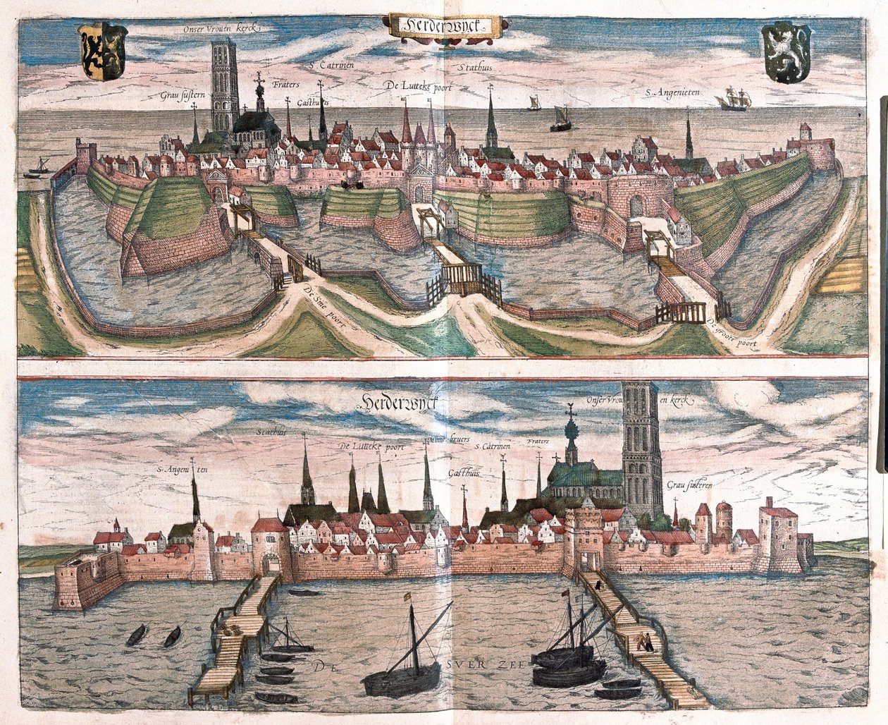 Harderwijk, den lille havn ved Zuiderzee (IJsselmeer-søen), Holland (gravering af Franz Hogenberg