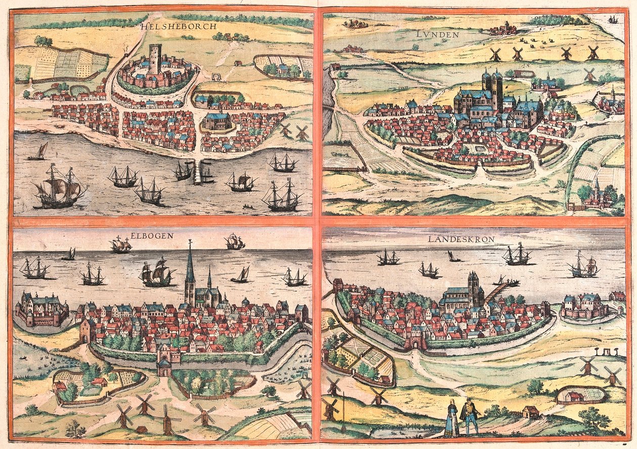 Helsingborg, Lunden, Malmø og Landskrona (Sverige) (gravering af Franz Hogenberg