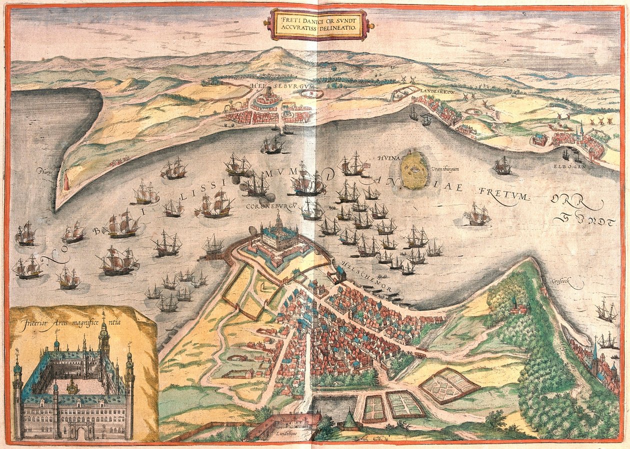 Helsingør, Danmark - Helsingborg, Sverige (gravering af Franz Hogenberg