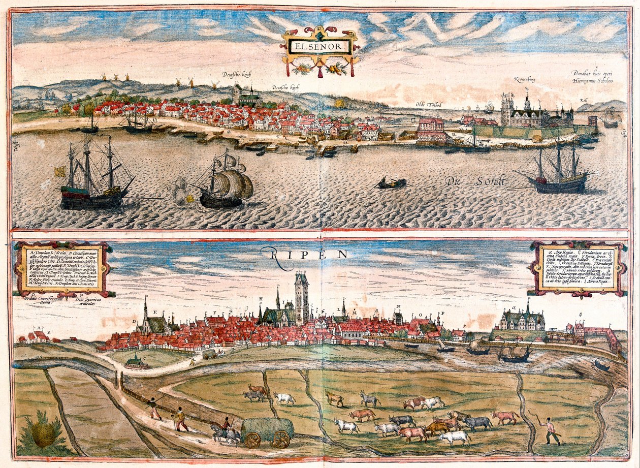 Helsingør og Ribe, Danmark (stik af Franz Hogenberg