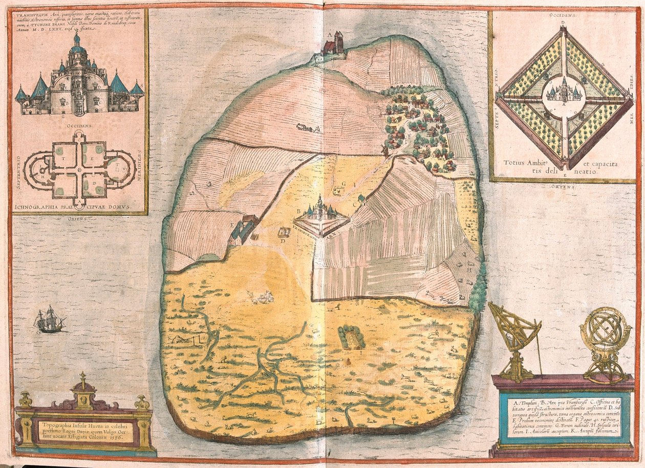 Isle of Ven og Uranienborg, Tycho Brahes palads og observatorium beliggende på denne ø, i Sund (gravering af Franz Hogenberg