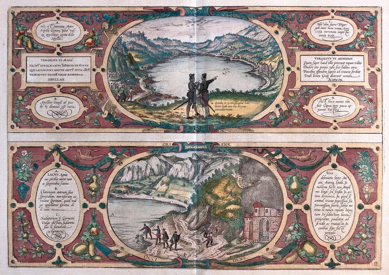 Agnano-søen og hundens hule, Italien (gravering af Franz Hogenberg