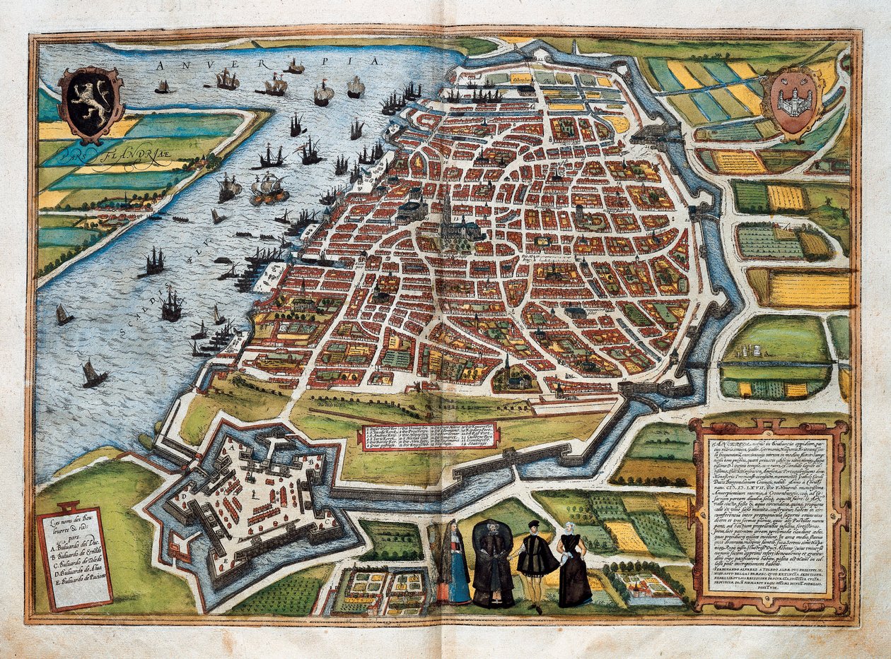 Kort over Antwerpen, fra "Cities of the World" (farvet gravering) af Franz Hogenberg