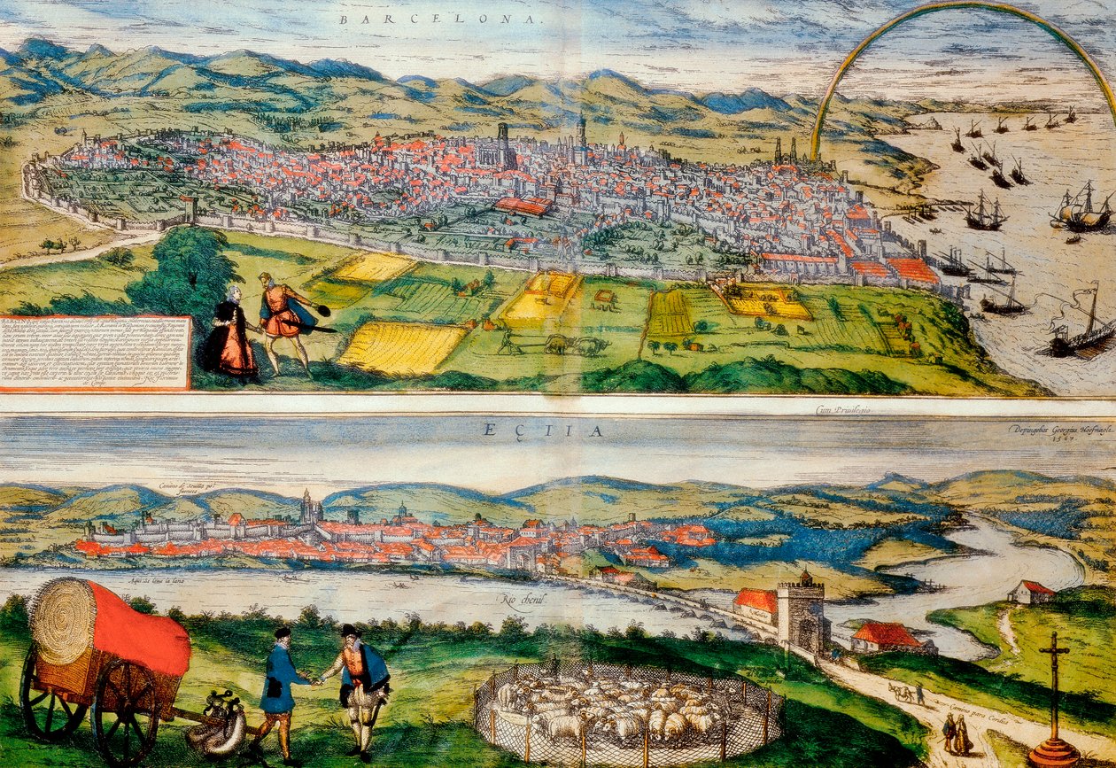 Kort over Barcelona og Ecija fra World Cities af Georg Braun af Franz Hogenberg