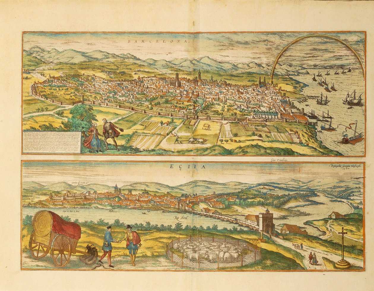 Kort over Barcelona og Ecija fra World Cities af Georg Braun af Franz Hogenberg