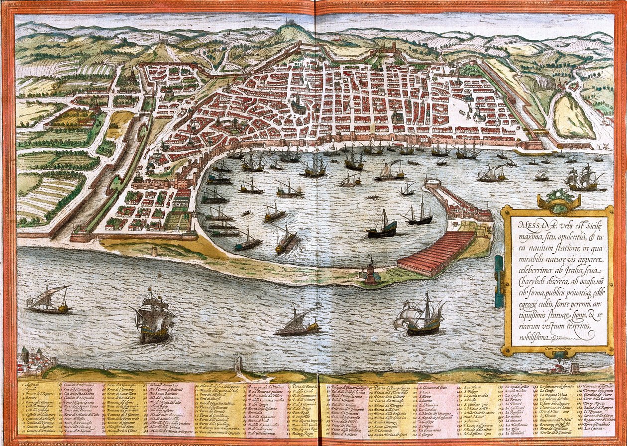 Kort over Messina (Messana), Italien (radering af Franz Hogenberg