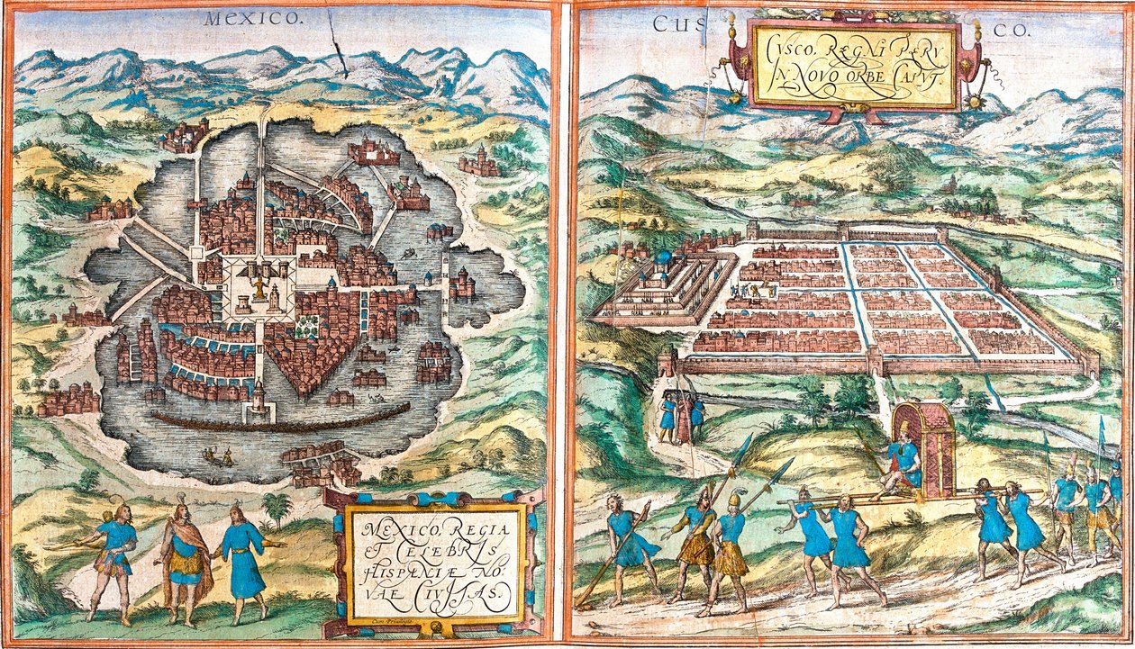 Kort over Mexico (Mexico) og Cuzco (Cusco) (Peru) (radering af Franz Hogenberg