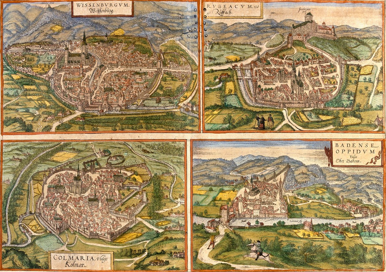 Kort over Weissenburg (Wissenburgum) i Tyskland, Rouffach (Rubeacum) og Colmar (Colmaria) i Frankrig og Baden i Schweiz (radering af Franz Hogenberg