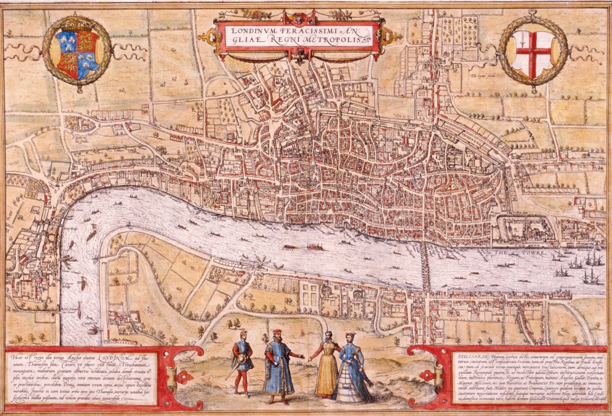 Kort over London City, Southwark og en del af Westminster, 1572 af Franz Hogenberg