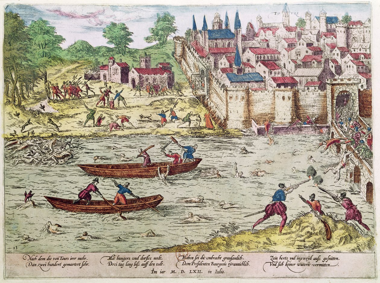 Massakren i Tours i juli 1562 (farvestik) af Franz Hogenberg