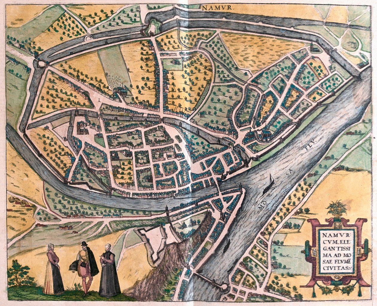 Namur og Meuse-floden, Belgien (gravering af Franz Hogenberg