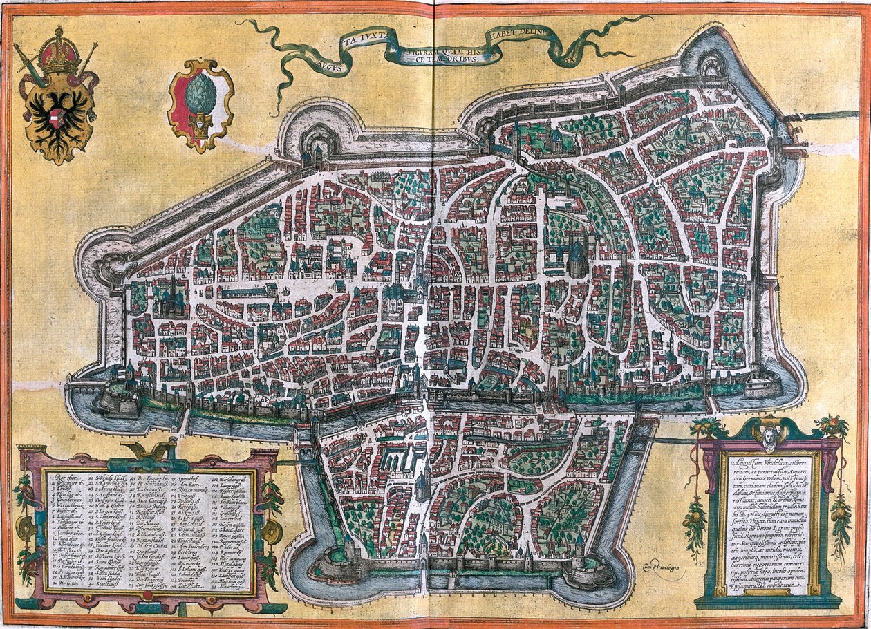 Plan over Augsburg (Augusta Vindelicorum), Tyskland (radering af Franz Hogenberg