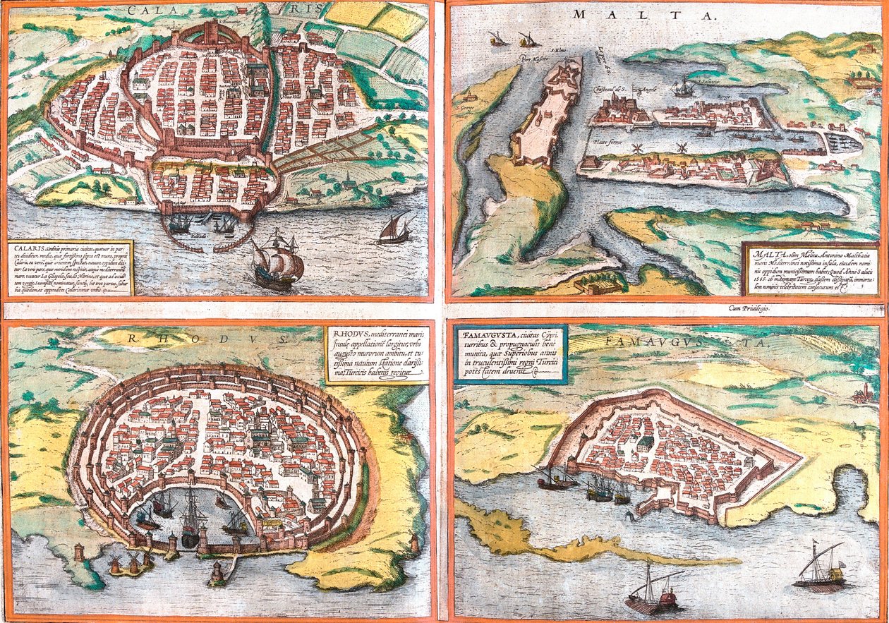 Plan over Cagliari (Calaris), Sardinien (Italien), Malta (Malta), Rhodos (Rhodes) og Famagusta (Famaugusta), Cypern (radering af Franz Hogenberg