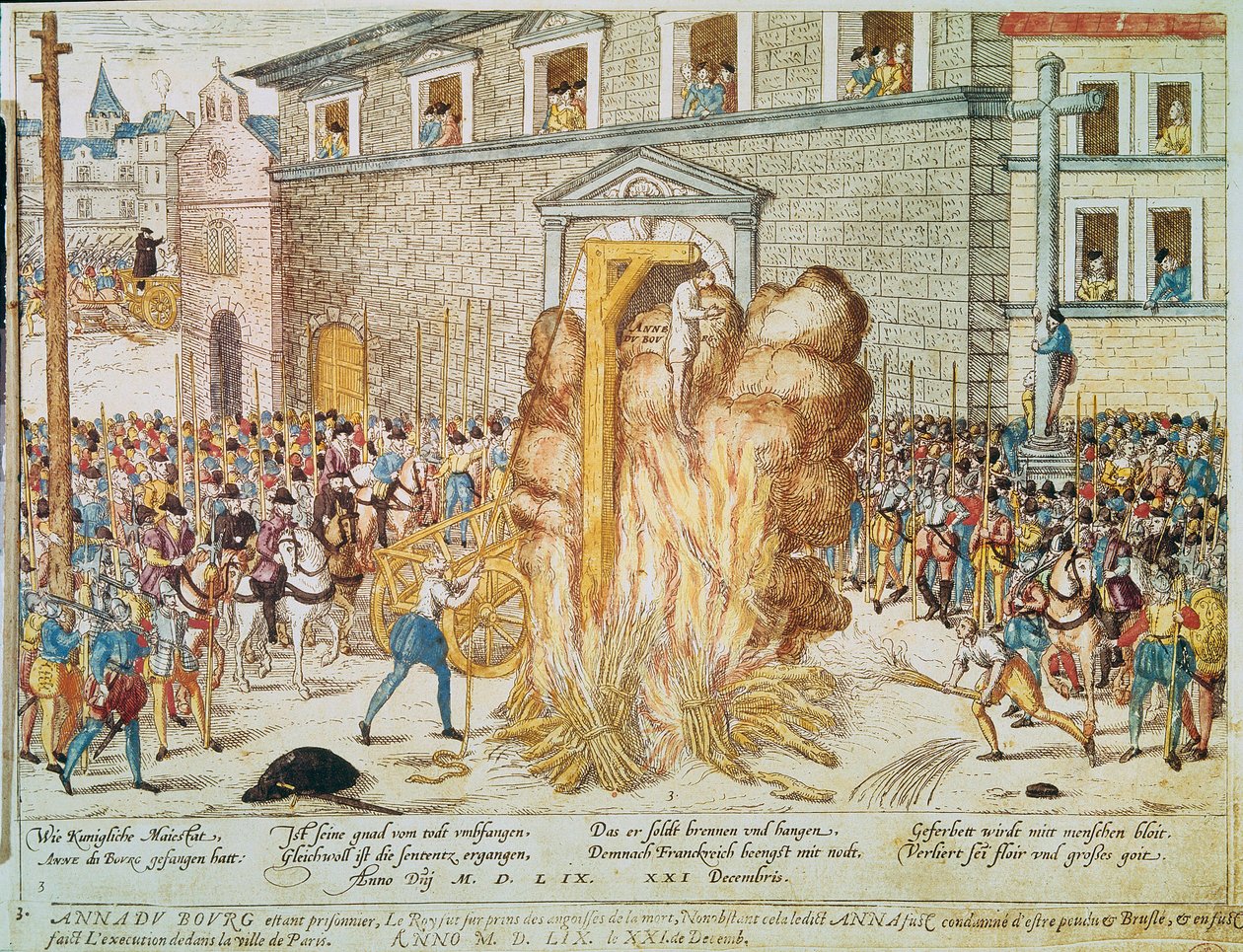 Religionskrig: henrettelse af den franske protestantiske magistrat Anne du Bourg (1521-1559) den 23/12/1559 på Place de Greve i Paris" af Franz Hogenberg