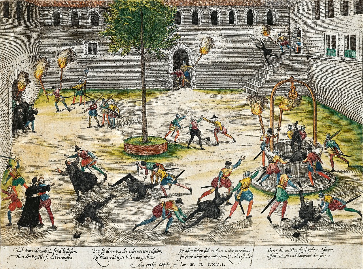 Repressalier fra reformerte mod gejstlige i Nimes, oktober 1567, gravering af Franz Hogenberg (1535 til 1590), religionskrige, Frankrig af Franz Hogenberg
