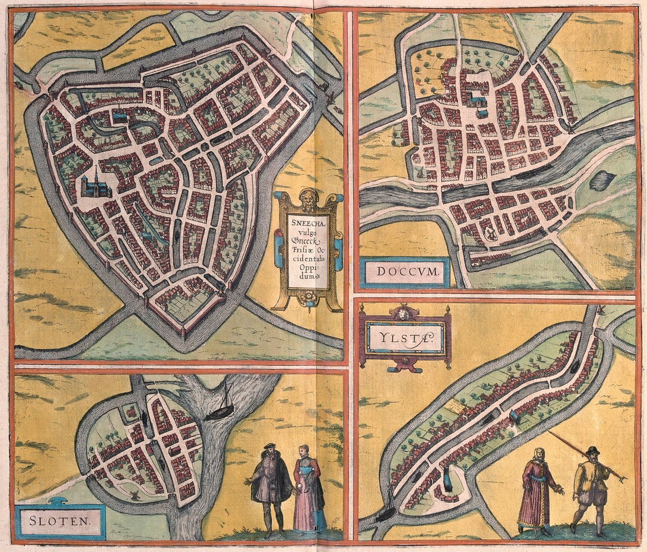 Sneek, Dokkum, Sloten, Ijlst, Holland (gravering af Franz Hogenberg