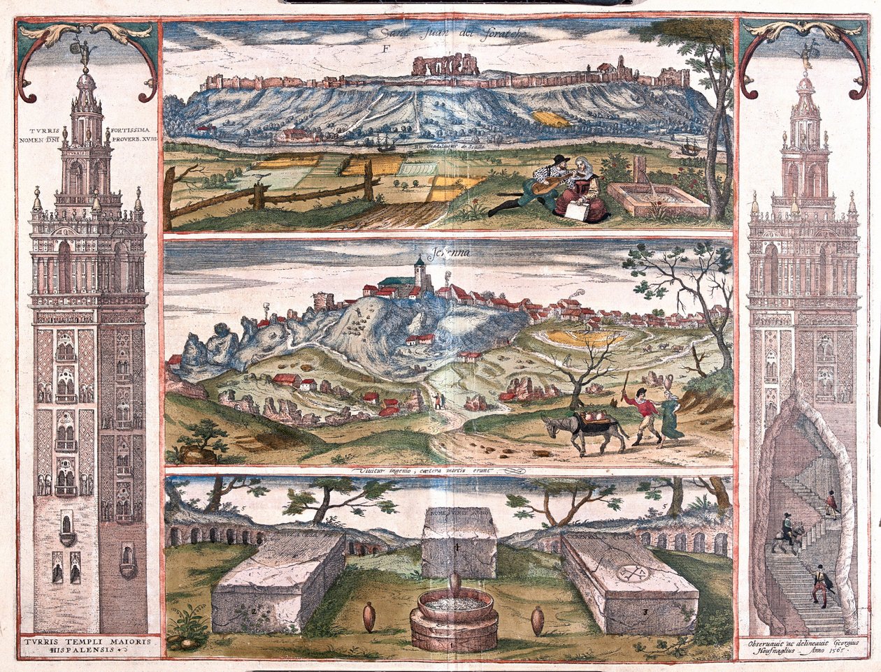 Giralda i Sevilla, Spanien - 5 visninger: San Juan på Guadalquivir, Gerena, 3 romerske grave og tårne ved siden, en udskæring viser George Hufnagel, der stiger op til hest (gravering af Franz Hogenberg