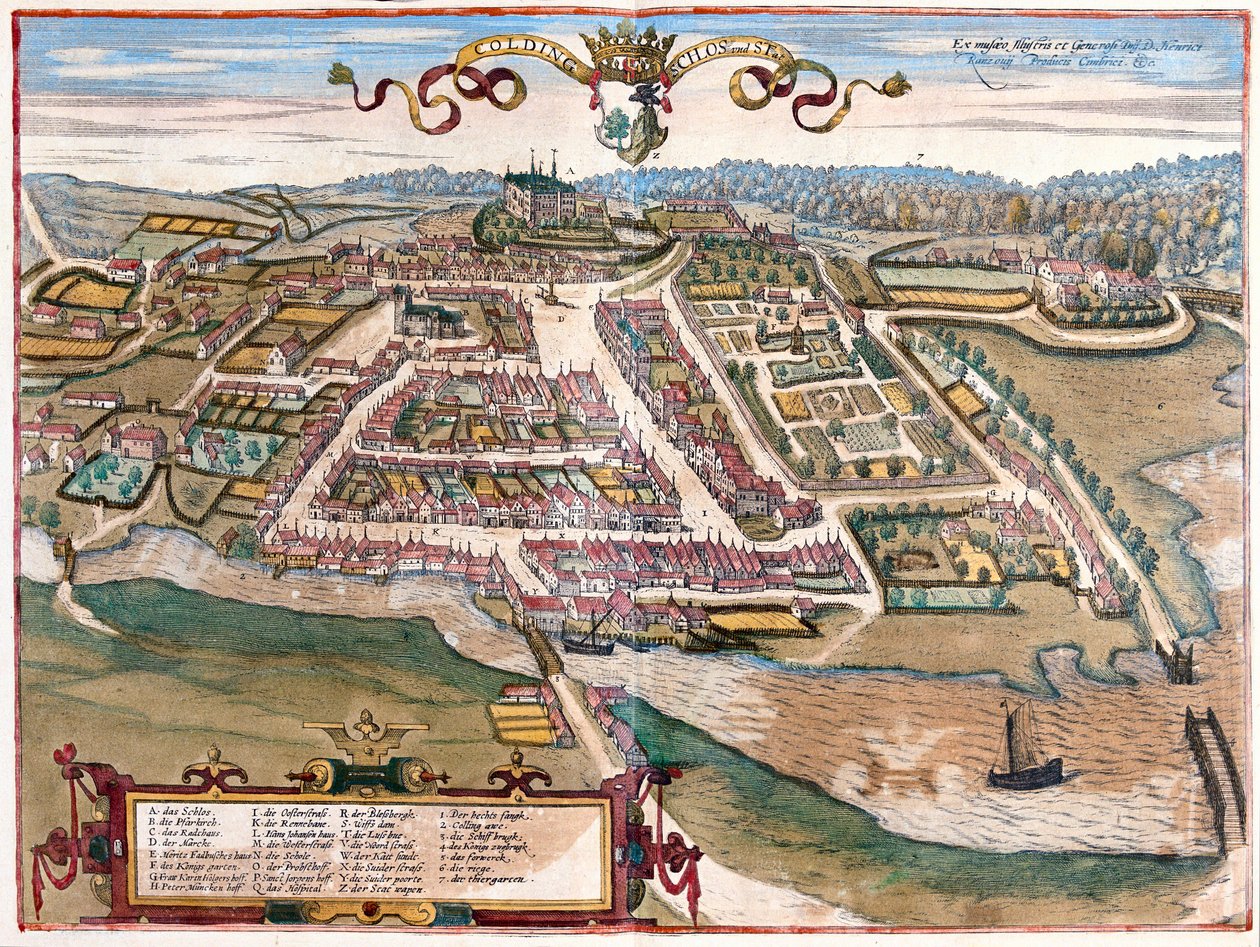 Havnen i Kolding på den jyske halvø, Danmark (stik af Franz Hogenberg