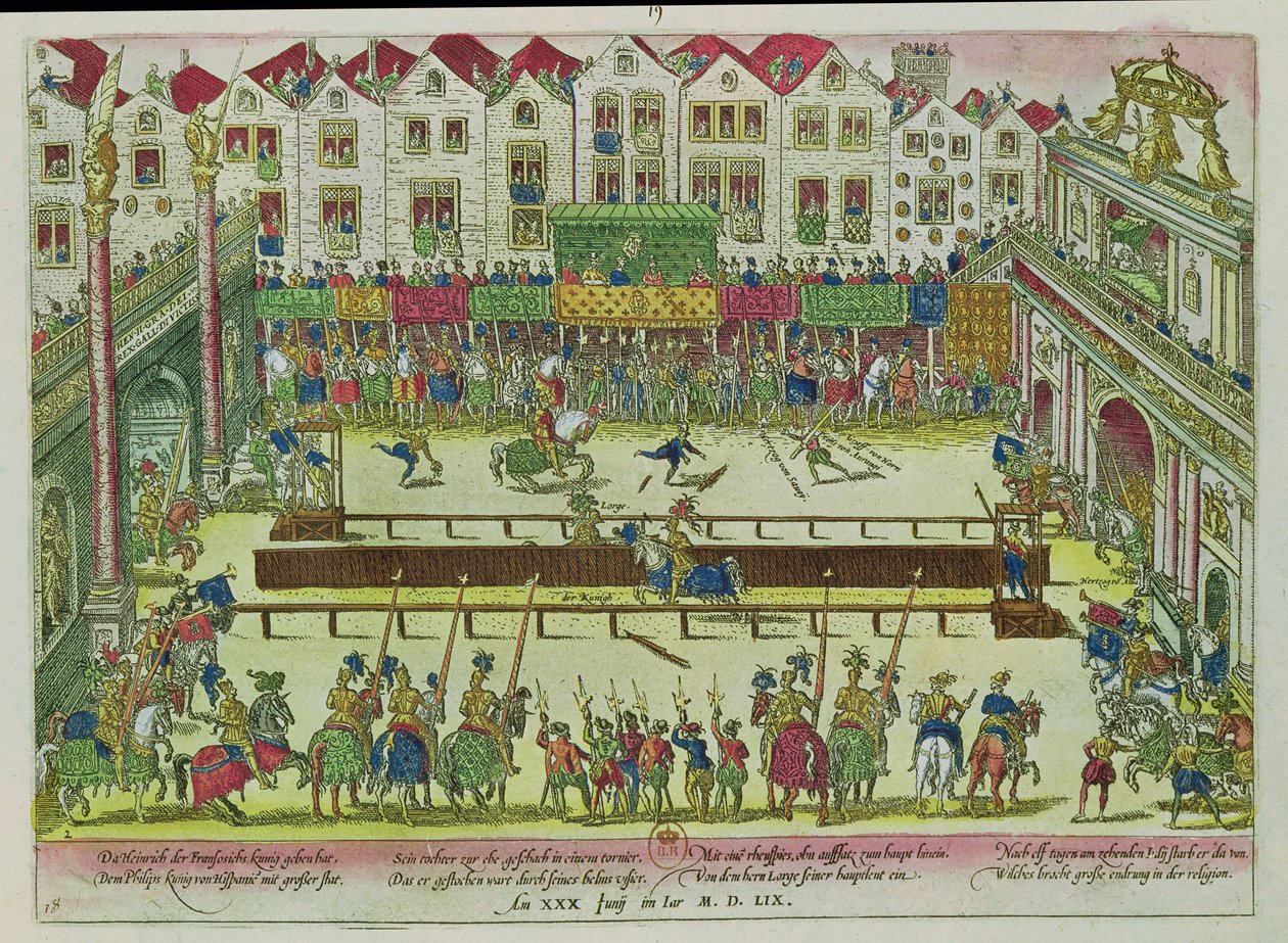 Turnering, hvor Henri II (1519-59) blev såret af greven af Montgomery og døde ti dage senere, 30. juni 1559 af Franz Hogenberg