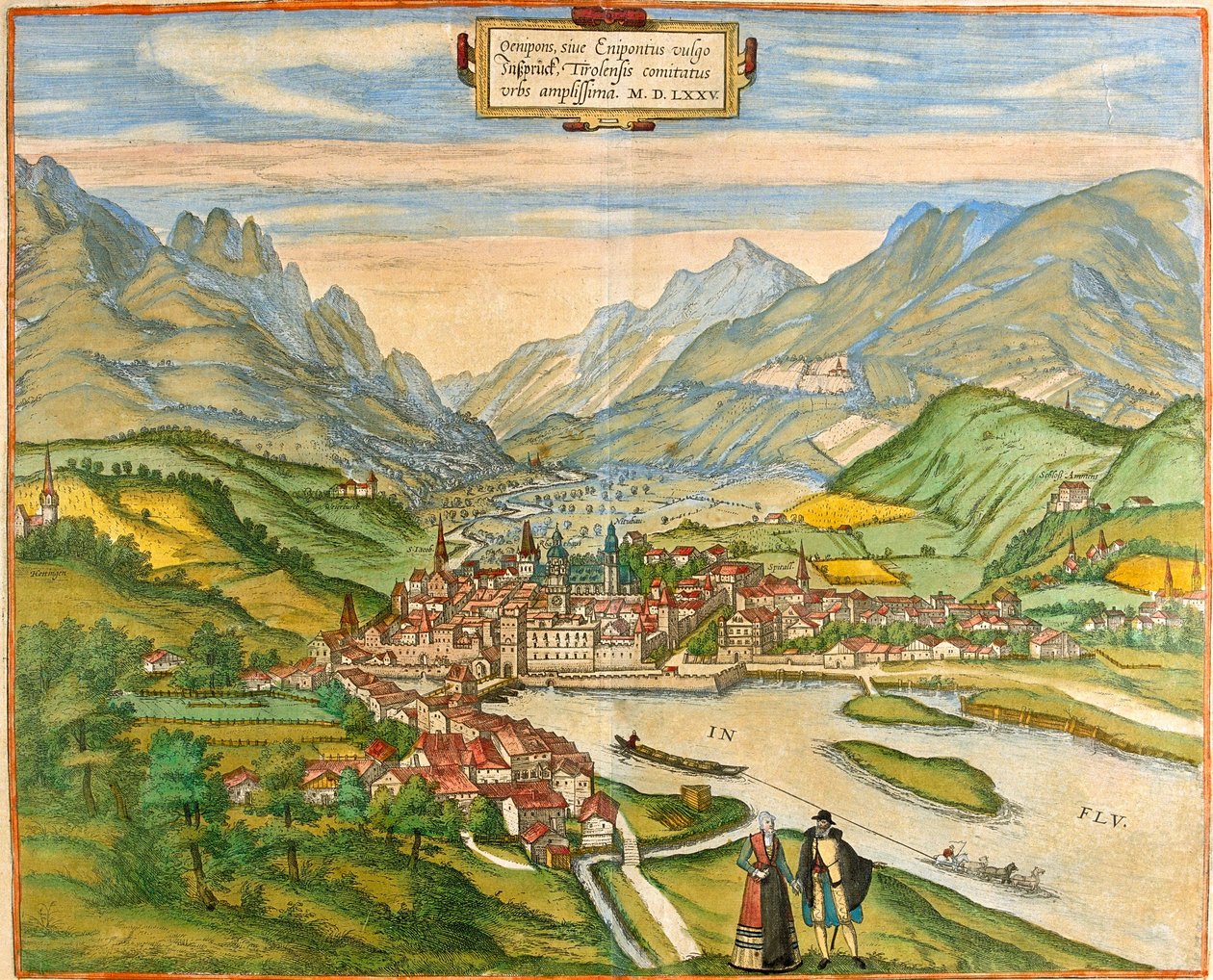 Udsigt over Innsbruck (Oenipons eller Enipontus), Østrig (radering af Franz Hogenberg
