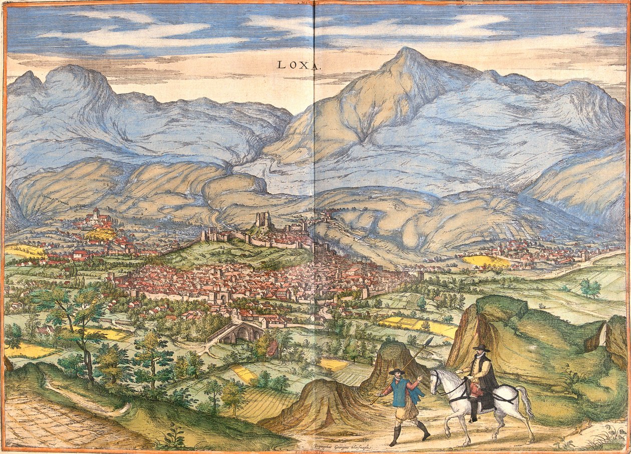 Udsigt over Loja (Loxa), Spanien (radering af Franz Hogenberg