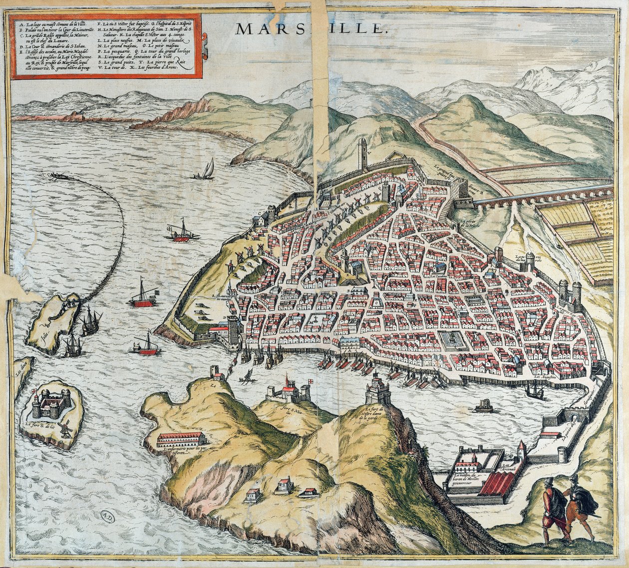 Udsigt over Marseille i det 16. århundrede, der viser hospitalet for spedalske nederst til venstre, fra 