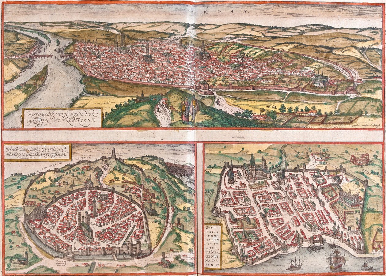 Udsigt over Rouen (Rotomagus), Nimes (Nemausus) og Bordeaux (Burdigala), Frankrig (radering). af Franz Hogenberg