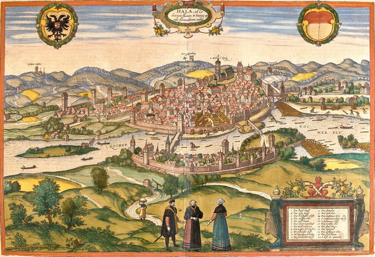 Udsigt over Schwäbisch Hall (Hala), Tyskland (radering af Franz Hogenberg