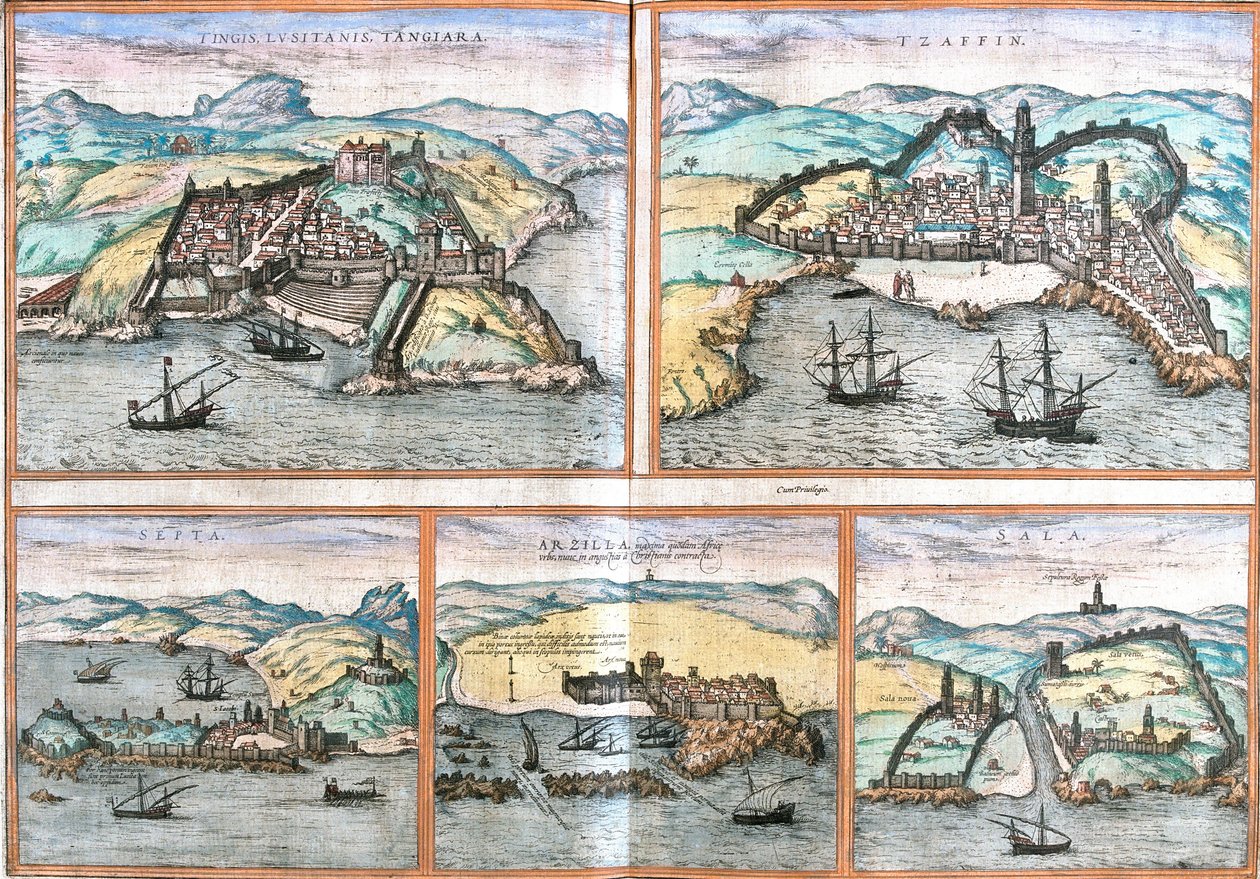Udsigt over Tangier (Tangiara) og Safi (Tzaffin) i Marokko, Ceuta (Septa) (Spanien i Marokko), Arzila eller Asilah (Arzilla) og Sale (Sala) i Marokko (radering af Franz Hogenberg