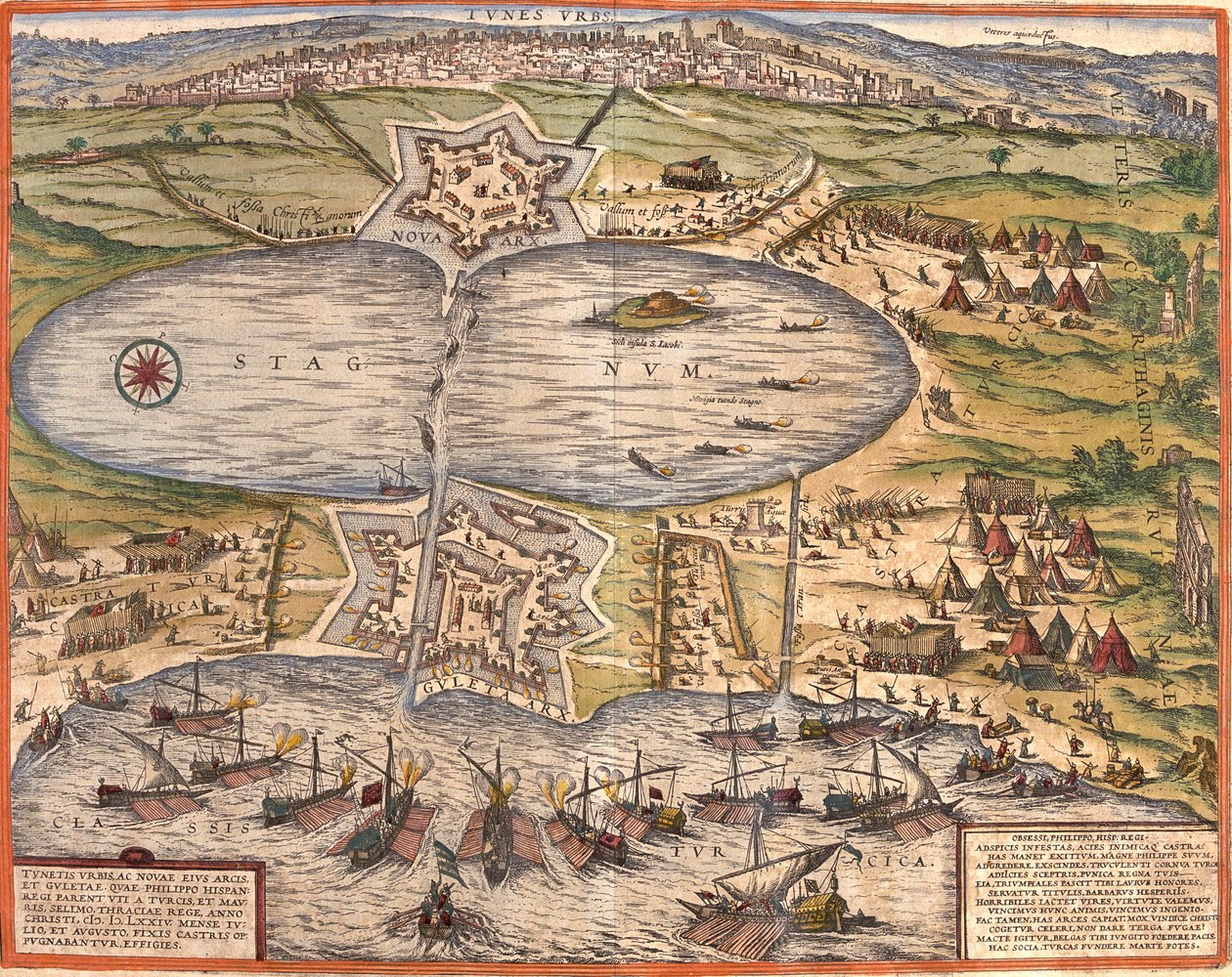 Udsigt over Tunis (Tunes), Tunesien, med fæstningen Goulette (Guleta Arx), som kontrollerer adgangen til Tunis-søen og den nye fæstning (nova arx) foran bymuren (ætsning) af Franz Hogenberg
