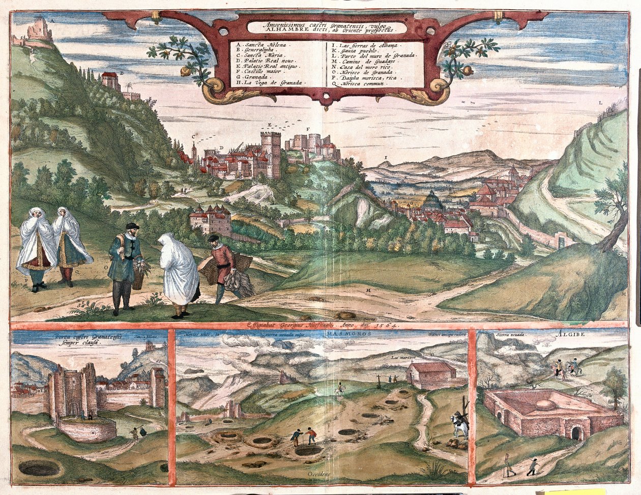 Udsigt over Alhambra med byen Granada, Spanien: på toppen en udsigt over Alhambra på Cerro del Sol Hill. Udsigten nederst til venstre viser de lukkede døre til Alhambra. I midten er mundingen af Masmoros-hulerne. Den store struktur nederst til højre af Franz Hogenberg