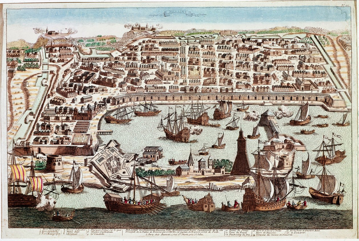 Udsigt over byen Messina på Sicilien - Indgravering af Franz Hogenberg (1535-1590) fra "" Civitatis Orbis Terranum"" af Braun og Hogenberg - 1594 (Udsigt over byen Messina, Sicilien - Gravering af Franz Hogenberg (1535-1590) ) fra "" Civitatis Hobis Terran af Franz Hogenberg