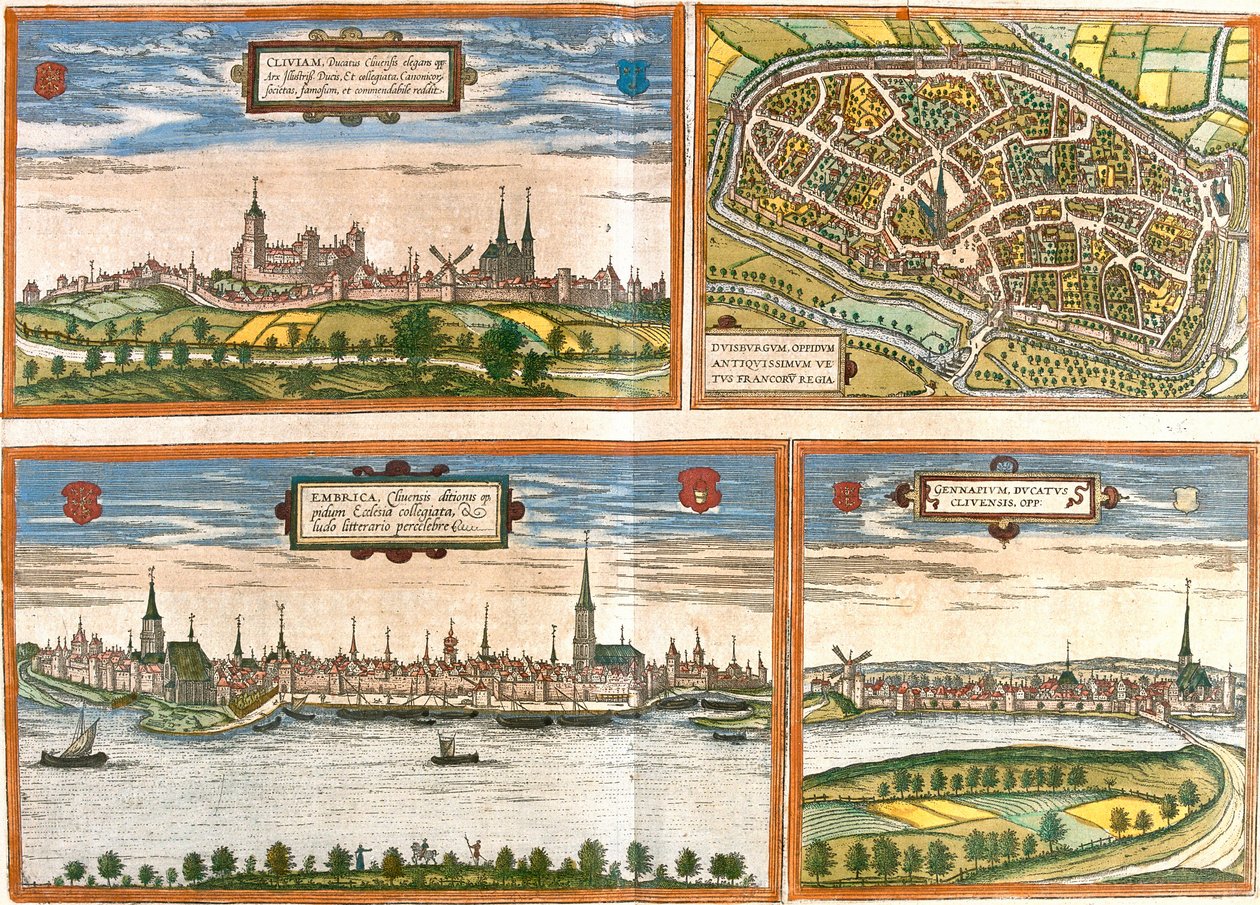 Udsigter og planer af Cleves (Cliviam), Duisburg (Duisburgum), Emmerich am Rhein (Embrica) i Tyskland og Genappe i Belgien (radering af Franz Hogenberg