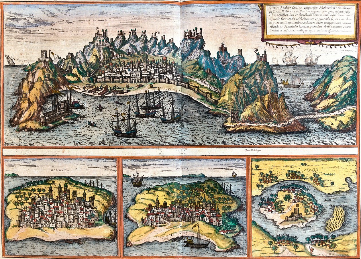 Udsigt over Aden (Yemen), Mombasa (Momba) (Kenya), Kilwa Kisiwani (Quiloa) (Tanzania) og Cefala Diana (Cefala) (Sicilien, Italien) (radering) af Franz Hogenberg