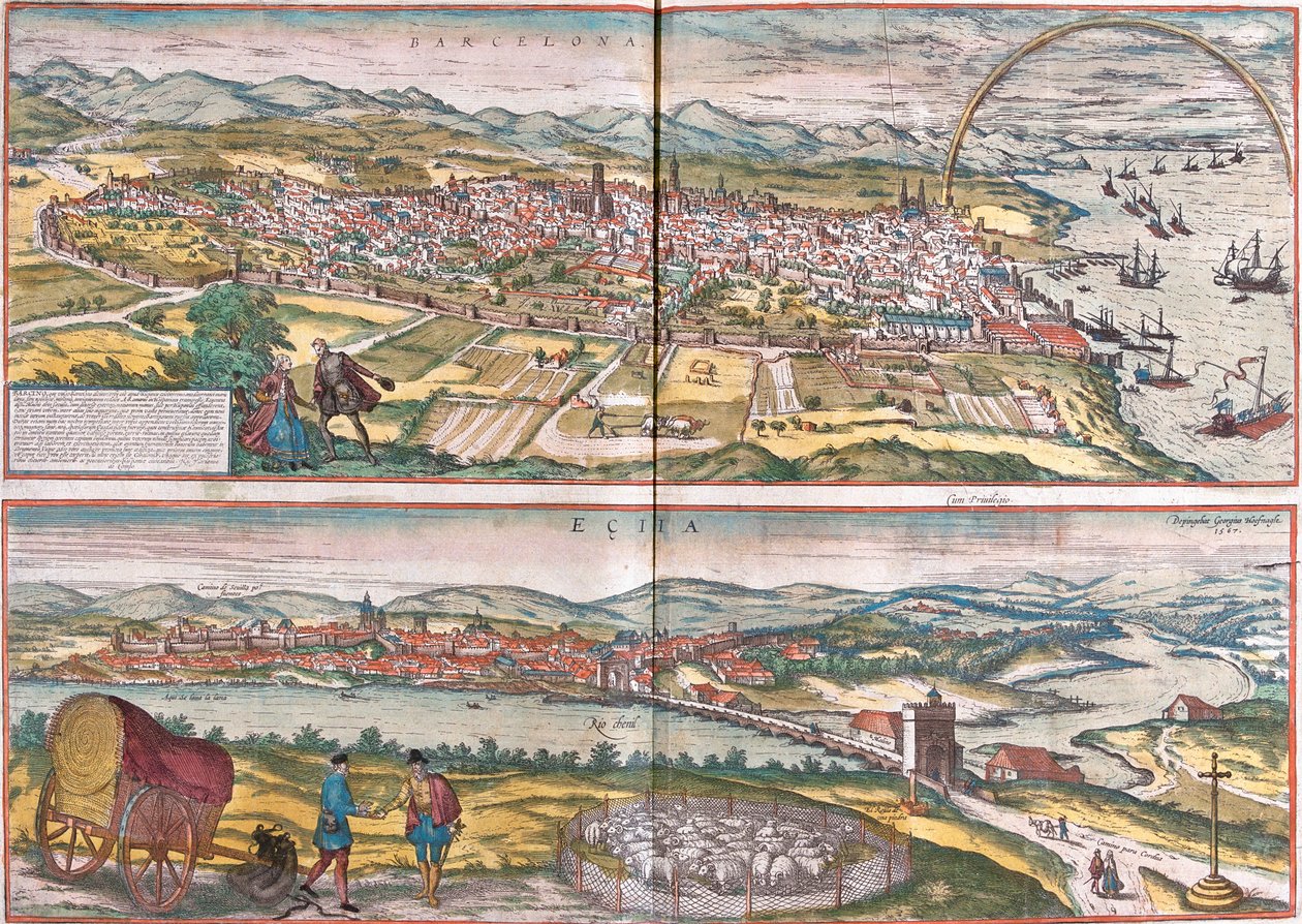 Udsigt over Barcelona og Ecija (Eciia), Spanien (ætsning af Franz Hogenberg