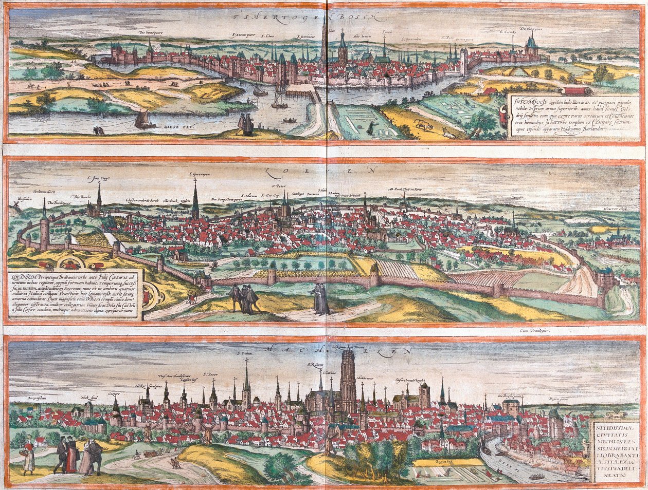 Udsigt over Bois le Duc (Buscumducis), i Holland, Leuven (Lovanium) og Mechlineen (Mechlineen) i Belgien (radering). af Franz Hogenberg