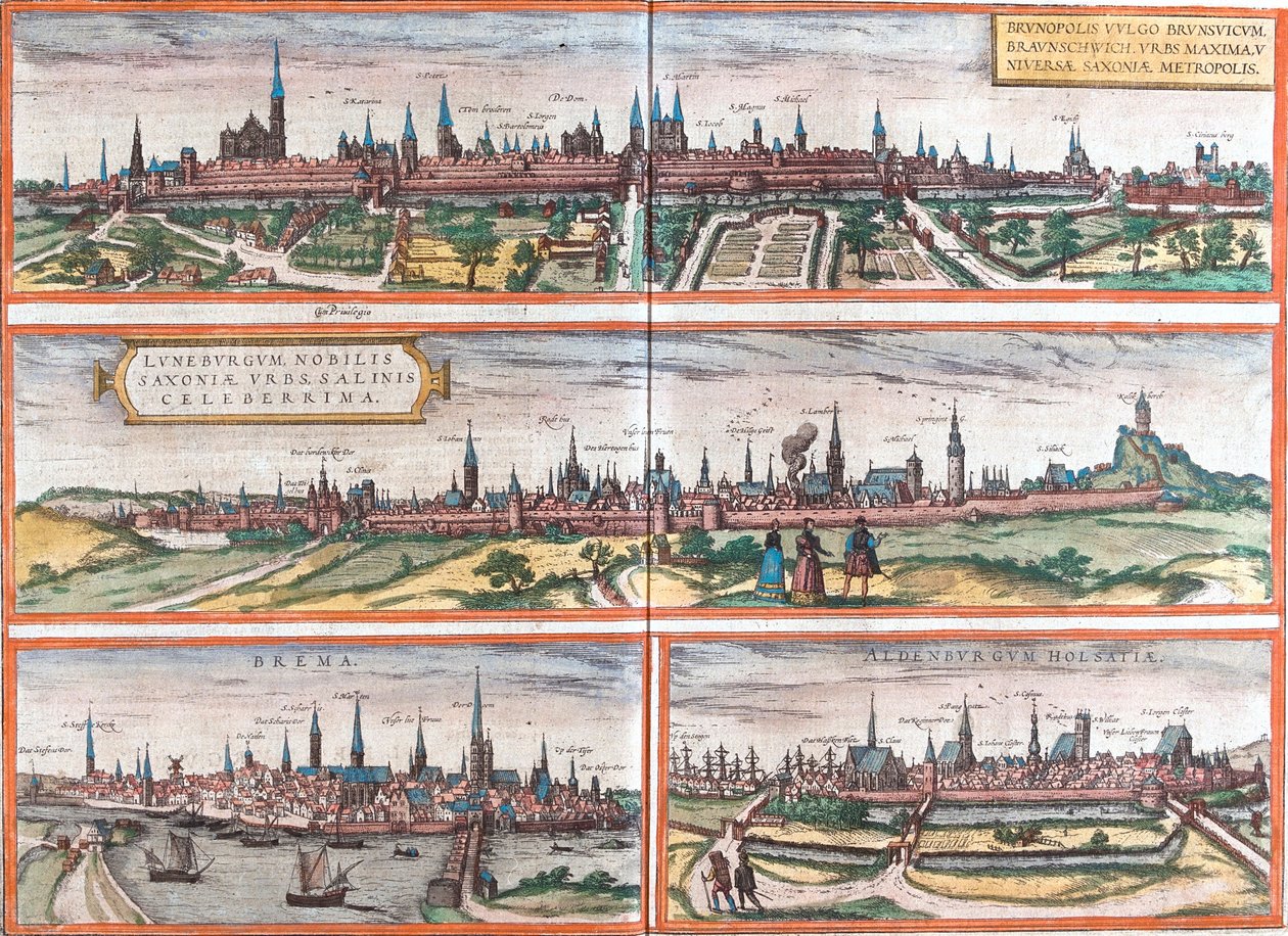 Udsigt over Brunswick (Brusvicum), Lüneburg (Loneburgum), Breme (Brema) og Oldenburg (Aldenburgum), Tyskland (radering af Franz Hogenberg
