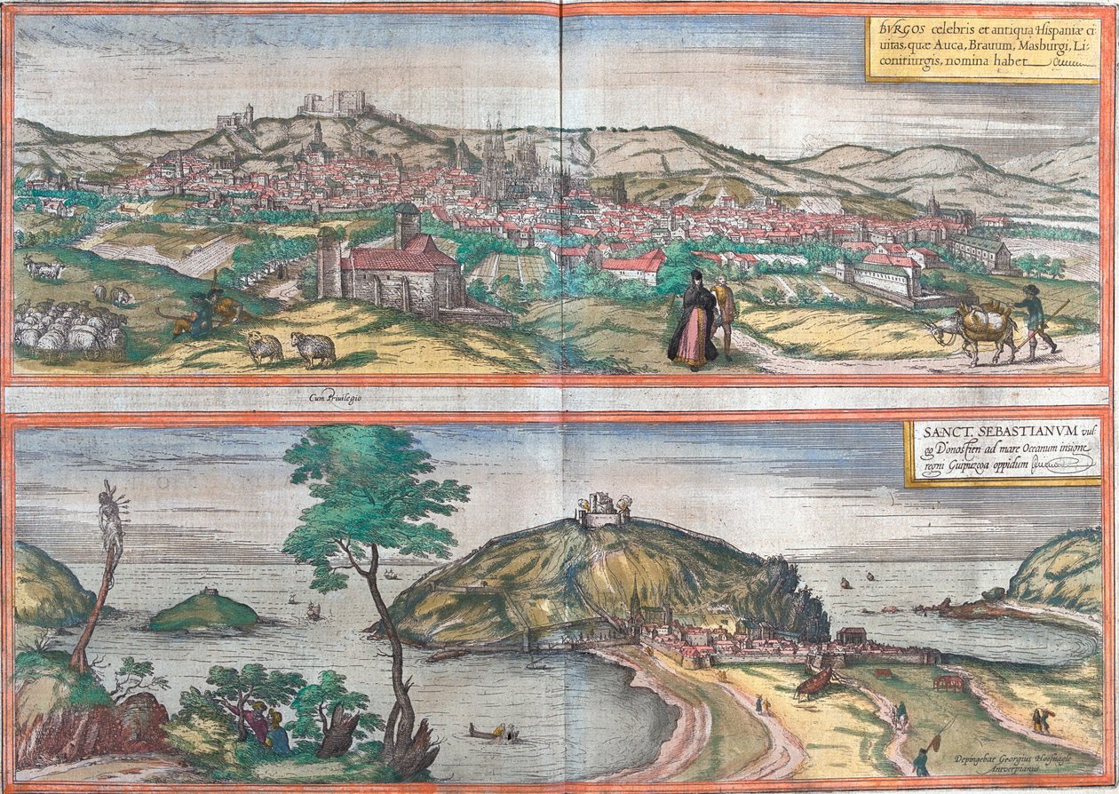 Udsigt over Burgos og San Sebastian (eller Donostia), Spanien (radering af Franz Hogenberg