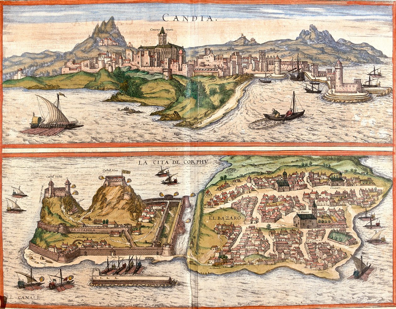 Udsigt over Candia (Candia), nuværende Heraklion på øen Kreta og Korfu eller Corcyra (Corphu), græsk ø (ætsning af Franz Hogenberg