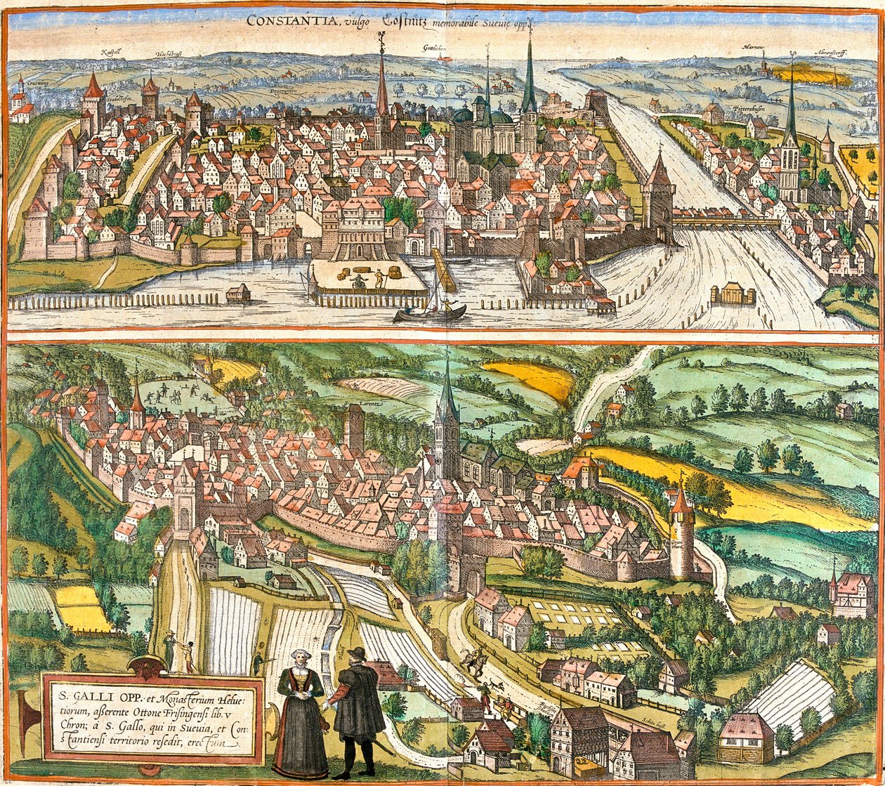 Udsigt over Constance (Contantia), Tyskland og St. Galli (S. Galli), Schweiz (radering af Franz Hogenberg