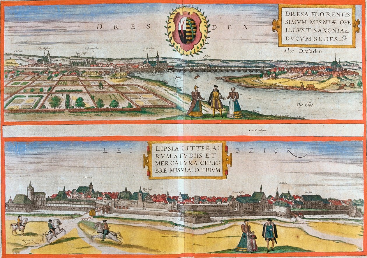 Udsigt over Dresden (Dresa) og Leipzig (Lipsia), Tyskland (radering af Franz Hogenberg