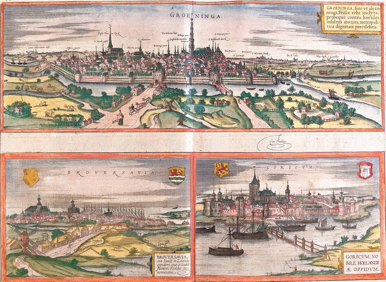Udsigt over Groningen (Groeninga), Brouwershaven (Broversavia) og Gorinchem (Goricum), i Holland (ætsning af Franz Hogenberg